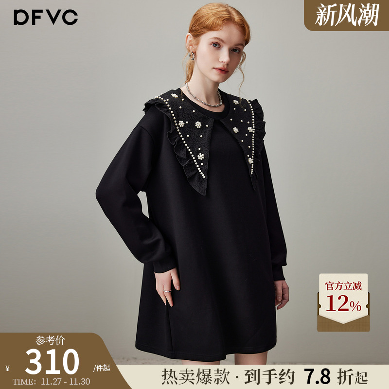 dfvc黑色休闲减龄娃娃领卫衣裙
