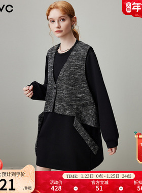 dfvc黑色休闲马甲卫衣裙两件套女2025年冬季新款圆领长袖连衣裙子