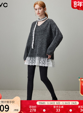 dfvc灰色慵懒风假两件V领毛衣女2025冬季新款中长飘带宽松针织衫