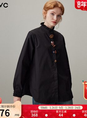 dfvc黑色设计感纯棉长袖衬衫女2026年春季新款立领宽松百搭上衣