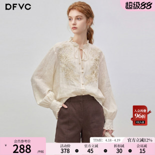 dfvc苎麻复古重工刺绣长袖衬衫女2026年春季新款系带领宽松休闲衫