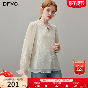 dfvc法式刺绣长袖衬衫女2026年春季新款褶皱系带领宽松小衫雪纺衫