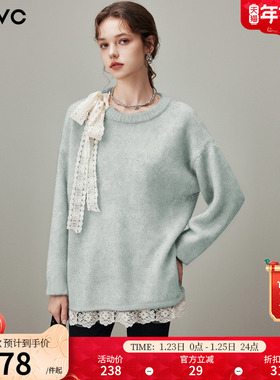dfvc温柔慵懒风圆领毛衣女2025年冬季新款蕾丝飘带宽松软糯针织衫