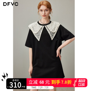 dfvc黑色娃娃领短袖 显瘦宽松休闲裙子 t恤连衣裙女2025年夏季 新款