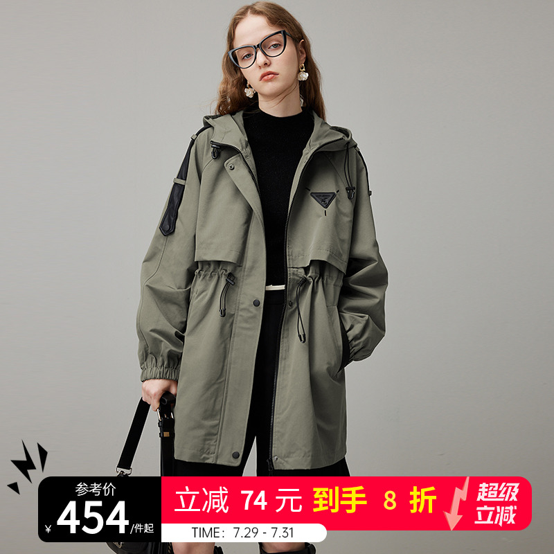 dfvc连帽风衣外套女新款显瘦工装休闲收腰秋季大衣女款军绿色上衣