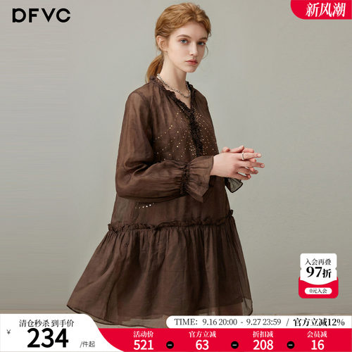 dfvc苎麻复古长袖连衣裙木耳边领