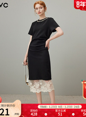 dfvc黑色气质圆领短袖t恤连衣裙女2025夏季新款蕾丝拼接收腰长裙