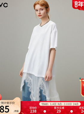dfvc白色蕾丝拼接圆领短袖t恤女2025夏季新款设计感小众宽松上衣