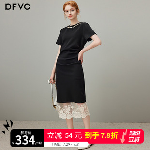 dfvc黑色氣質(zhì)圓領(lǐng)短袖 蕾絲拼接收腰長(zhǎng)裙 新款 t恤連衣裙女2025夏季