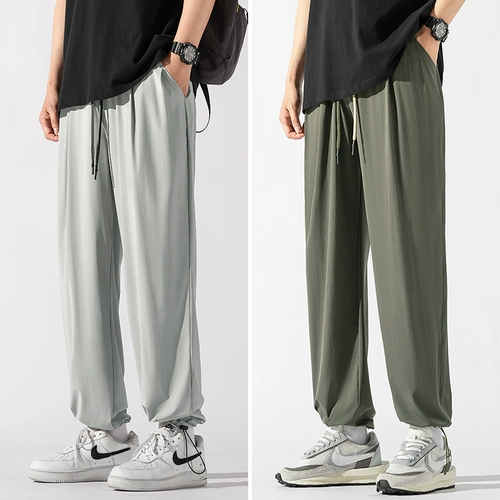 Летние шелковые быстросохнущие тонкие штаны для отдыха, оверсайз, свободный прямой крой, на шнурках