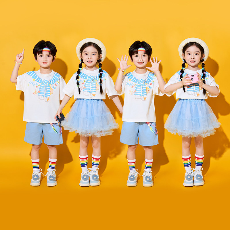 六一儿童演出服小学生运动会啦啦操班服合唱诗歌朗诵表演蓝色纱裙