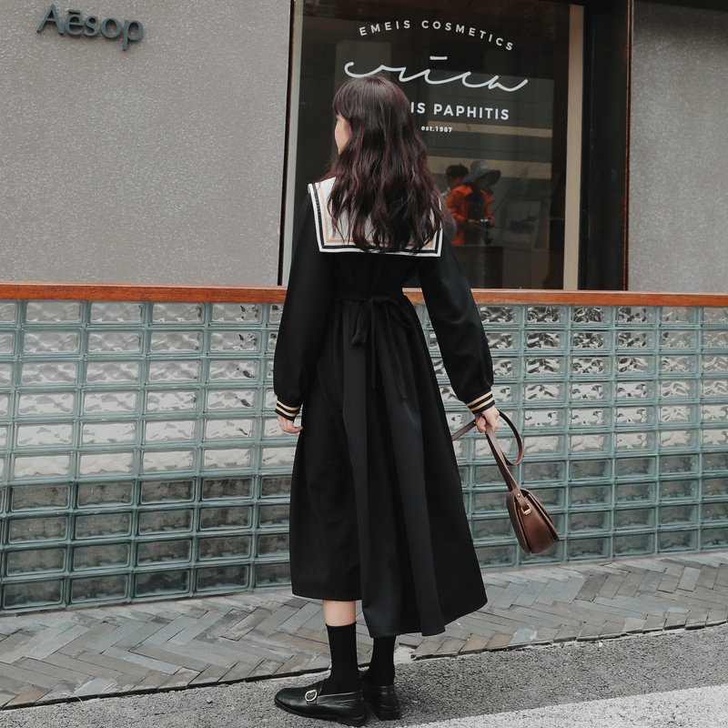 海军领连衣裙秋装2020年新款女裙子长袖学院风日系学生黑色长裙春