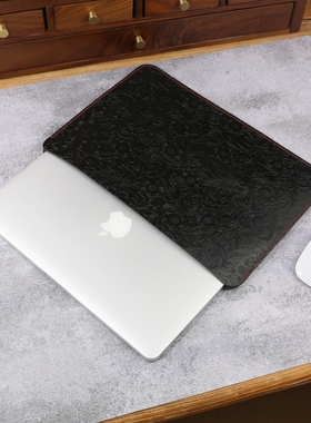 适用于苹果Macbook电脑保护套内胆包黑色唐草纹手工头层牛皮疯马皮复古MACX21S