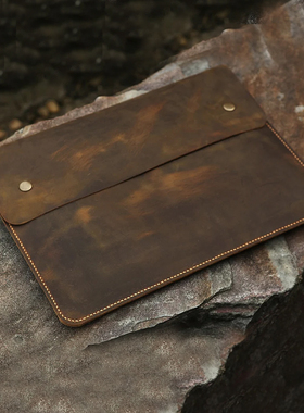 适用于苹果Macbook电脑包复古欧美内胆包棕色手工真皮头层牛皮疯马皮带盖MACX05D