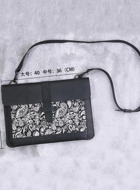 手工黑色头层牛皮真皮疯马皮佩斯利花纹笔记本电脑包W07-LMCBF