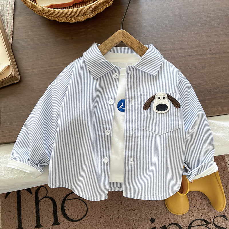 儿童长袖衬衫2025新款春季男女宝宝卡通翻领上衣中小童竖条纹衬衣
