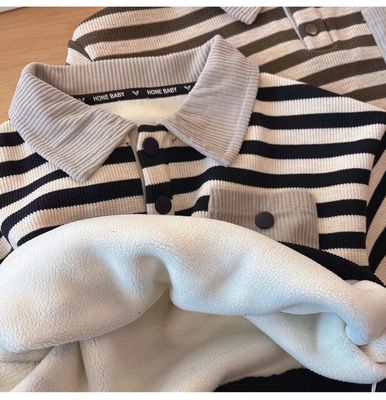 天添笑翻领休闲长袖条纹