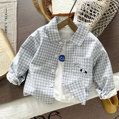 2025新款儿童衬衫春秋新款长袖潮男女宝宝狗狗春装韩版小童格子衬