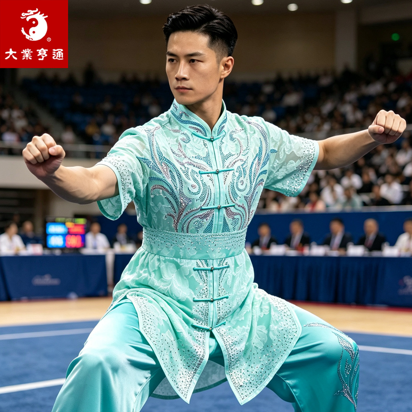 大业亨通绿色长拳武术表演服装男图片