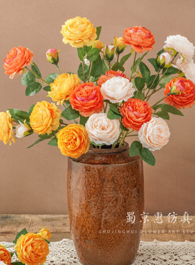 蜀京惠3头洋牡丹仿真花西洋玫瑰巴西玫婚庆道具绢花家居装饰假花