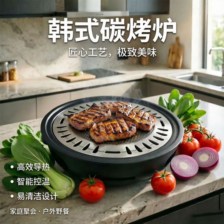 加厚铸铁韩式烤肉炉商用炭火烧烤架家用不粘炭烤盘户外露营烤肉锅