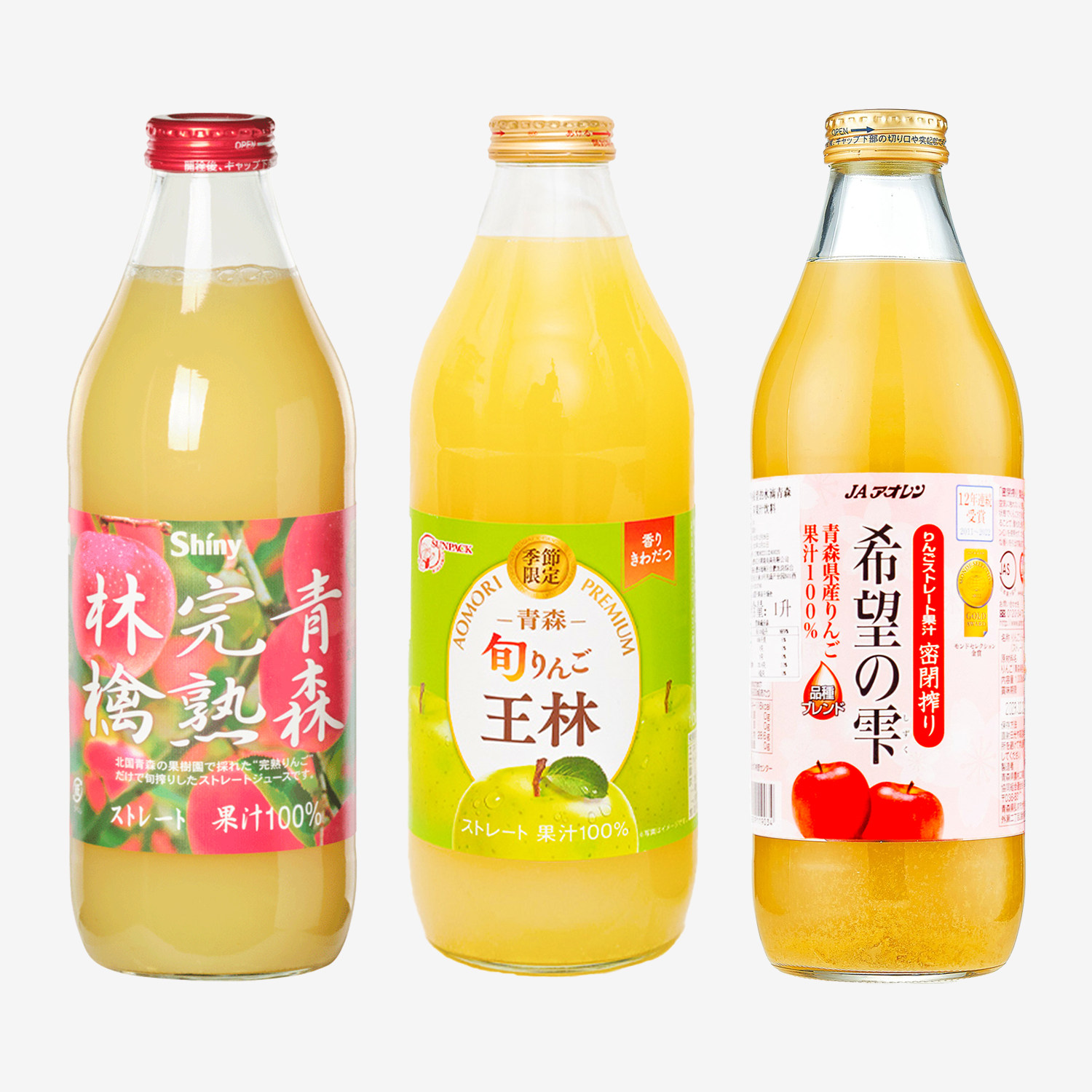 日本进口青森县产王林苹果汁100%鲜榨纯果汁玻璃大瓶装青苹果汁1L