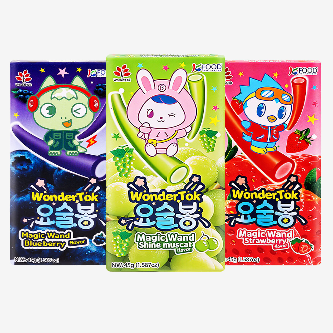 韩国进口Wonder Tok长条软糖青葡萄草莓蓝莓扭扭糖果儿童零食45g