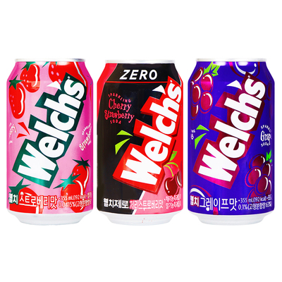 韩国进口Welch's/威尔士葡萄味汽水罐装果味碳酸饮料夏天解渴饮品