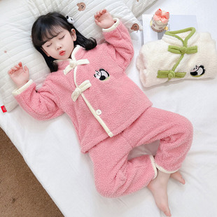 女童珊瑚绒睡衣2025秋冬新款 儿童宝宝中式 国风盘扣外穿家居服套装