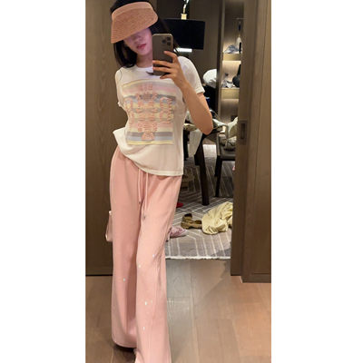 2N.COU妮蔻26夏新款重工烫钻松紧腰卫裤休闲裤女高腰显瘦抽绳长裤