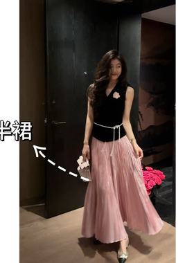 N.COU妮蔻25秋新款百搭时髦设计感高腰显瘦褶皱珠光大摆裙半身裙