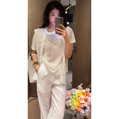 N.COU妮蔻26夏新款百搭舒适烫钻设计感圆领镂空系带领针织衫女