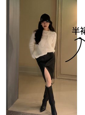 N.COU妮蔻25冬新款时髦大气黑色百搭开叉设计感口袋皮裙半身裙女