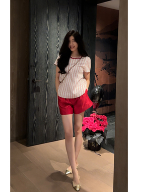 N.COU妮蔻25夏新款时髦气质休闲手工钉钻红色条纹上衣短裤套装女
