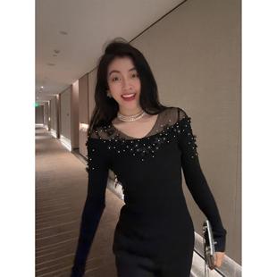 N.COU妮蔻25冬新款 小众设计减龄洋气钉珠花朵网纱拼接针织打底衫