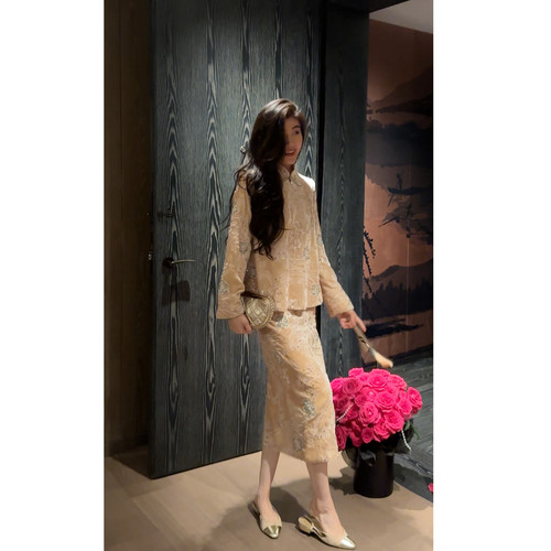 N.COU妮蔻25冬新款新中式国风复古设计感轻奢重工钉珠丝绒套装