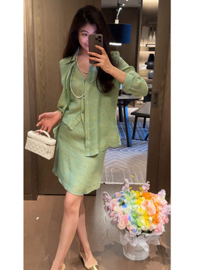 N.COU妮蔻26夏新款假两件亚麻衬衫半裙套装女透气显瘦气质两件套