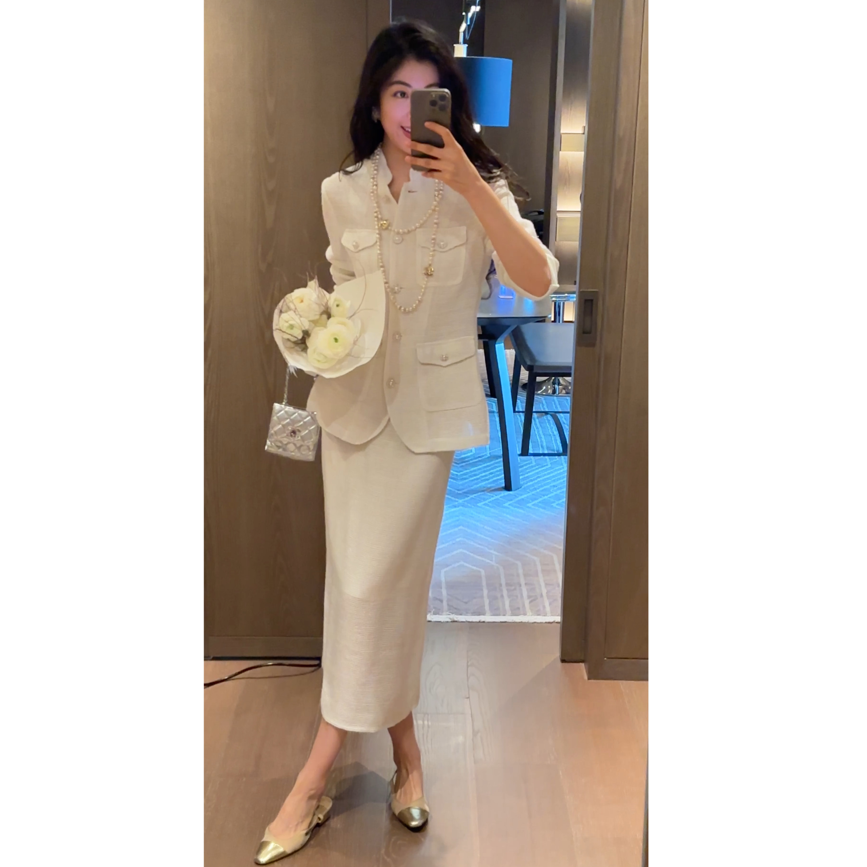 N.COU妮蔻26春新款老钱风气质小立领口袋薄款亚麻外套半裙套装