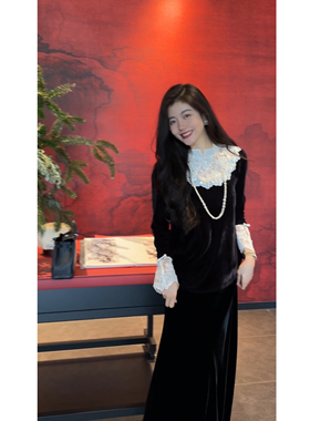 N.COU妮蔻26春新款新中式重工钉珠国风黑色丝绒撞色上衣半裙套装