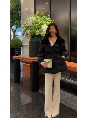 N.COU妮蔻25冬新款黑色大翻领抽绳收腰保暖白鸭绒中长款羽绒服