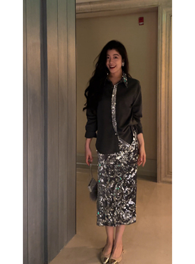 N.COU妮蔻25秋新款设计感小众轻奢时尚闪亮珠片拼接显瘦半裙套装