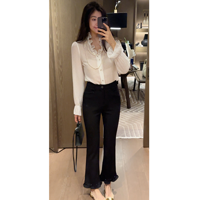 【N·COU】26夏新款【黑珍珠】V领荷叶边长袖显瘦衬衫DY23755