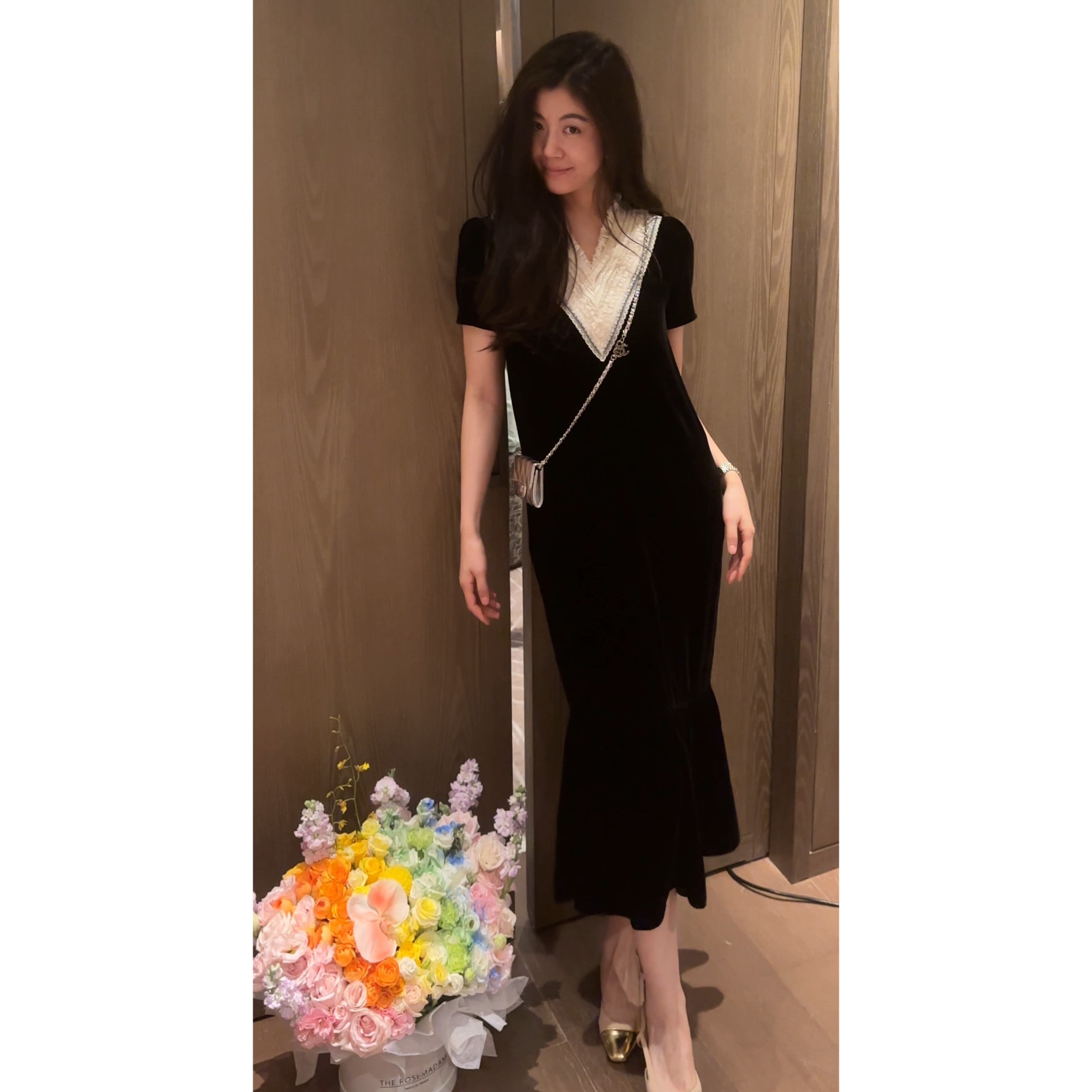 N.COU妮蔻26夏新款100桑蚕丝丝绒拼接V领连衣裙女黑色长款裙子