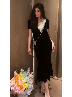 N.COU妮蔻26夏新款100桑蚕丝丝绒拼接V领连衣裙女黑色长款裙子
