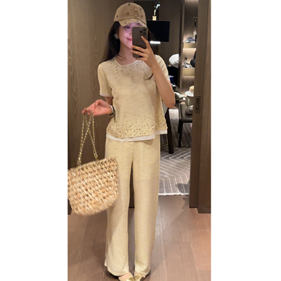 2N.COU妮蔻26夏新款优雅小香风钉钻撞色拼接设计显瘦上衣裤子套装