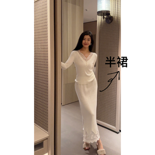 N.COU妮蔻25冬新款 针织半身裙 设计感小众蕾丝拼接高腰显瘦长款