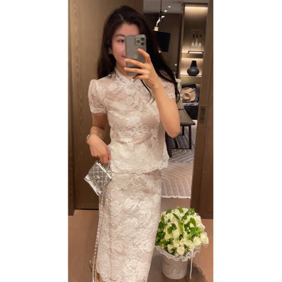 2N.COU妮蔻26春新款新中式复古设计蕾丝刺绣立领上衣半裙两件套装