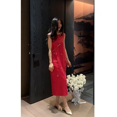 N.COU妮蔻25夏新款轻奢气质时尚长款无袖宽松亮片钉珠亚麻连衣裙