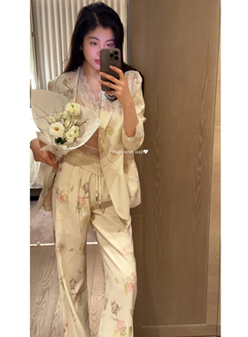 2N.COU妮蔻26春新款时髦气质高级感宽松印花亚麻正肩西装裤子套装