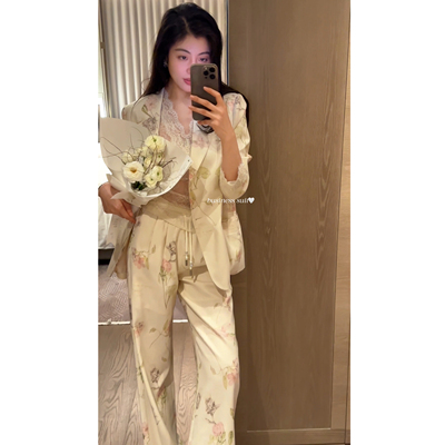 2N.COU妮蔻26春新款时髦气质高级感宽松印花亚麻正肩西装裤子套装